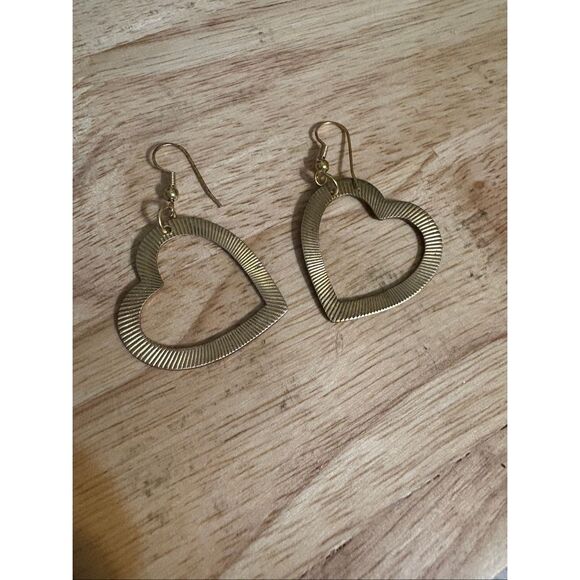 Brass Heart Earrings, NEW, 2” long, Handmade - Picture 2 of 3